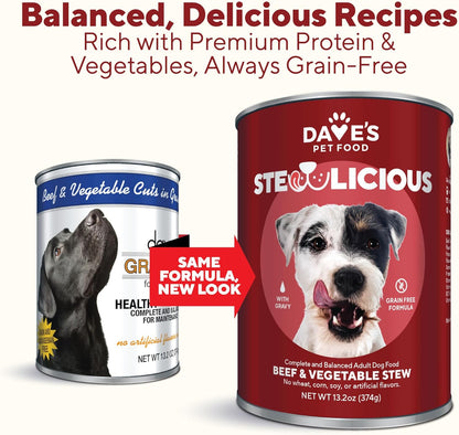 Dave's Pet Food Stewlicious Grain Free Wet Dog Food (Beef & Vegetable in Gravy), Made in USA Naturally Healthy Canned Gluten Free Dog Topper, 13.2 oz (12 Pack)
