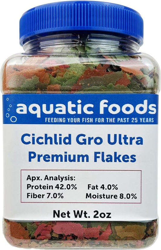 Aquatic Foods Inc. Premium Cichlid GRO Ultra 6-Type Flake Mix with Krill, Shrimp, Plankton, Spirulina for Central & South American Cichlids, Also Pellet & Wafer Mix Included, 2oz