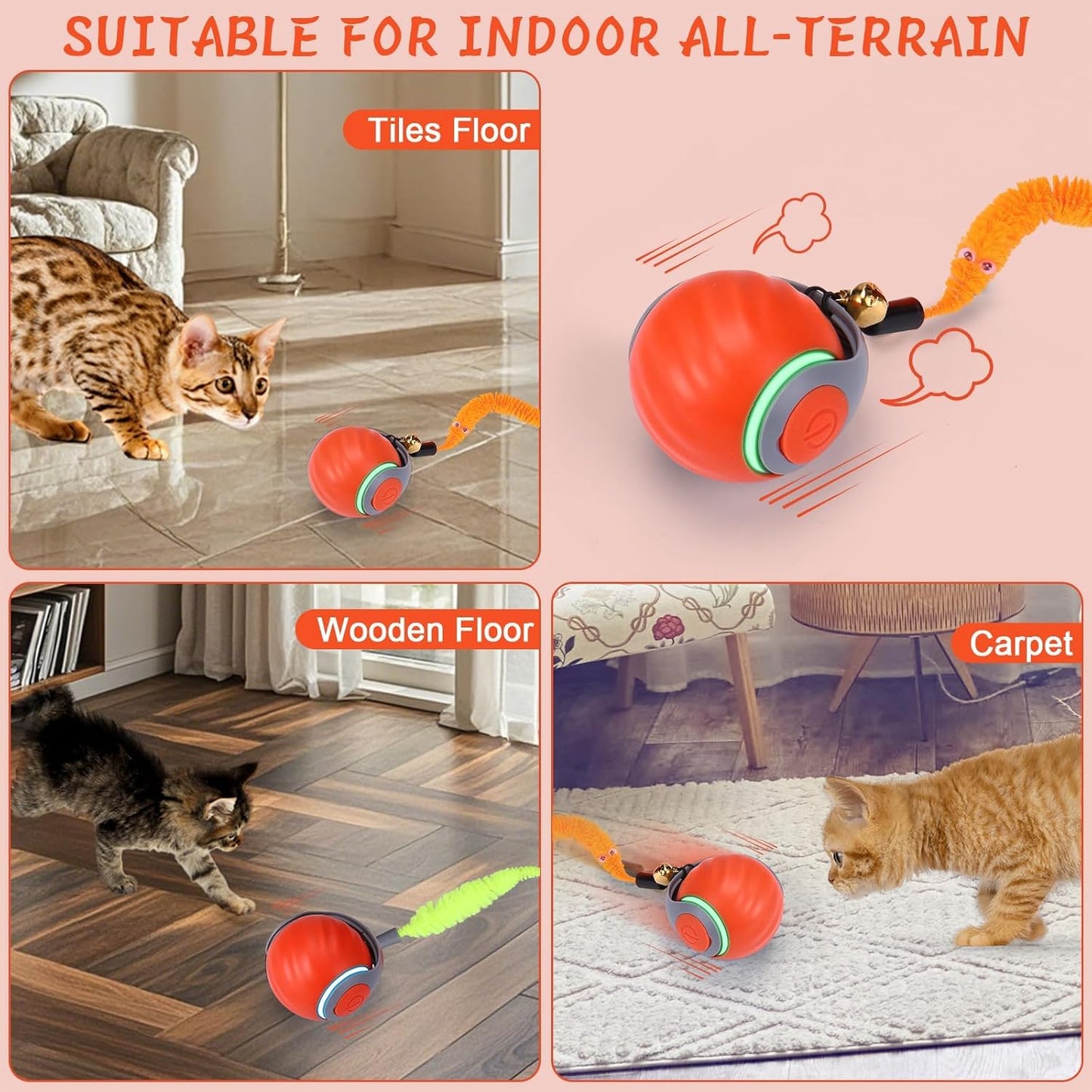 Interactive Cat Toy Ball - Motion-Activated, USB Rechargeable Cat Toys for Indoor Cats with Anti-Scratch Cover & 2 Changeable Tails - Enrichment Toy for Active Cats & Kittens