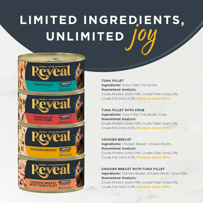 Reveal Natural Wet Canned Cat Food, Limited Ingredient, Grain Free, High Protein with No Artificial Additives, Fish and Chicken Variety in Broth (20 x 2.47 oz Cans)