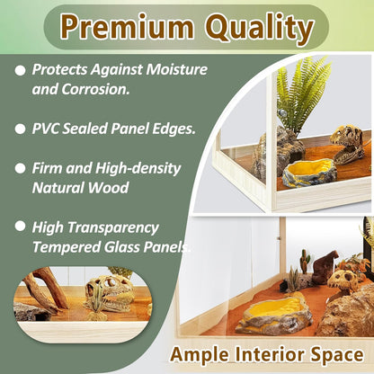 PROLEE Bearded Dragon Tank,81 Gallon Tempered Glass Reptile Tank with Mesh Roof and Front Sliding Door, Anti-Scratch Lizard Tank,Spacious Reptile Enclosure for Snakes,Lguanas, Chameleons(Oak)