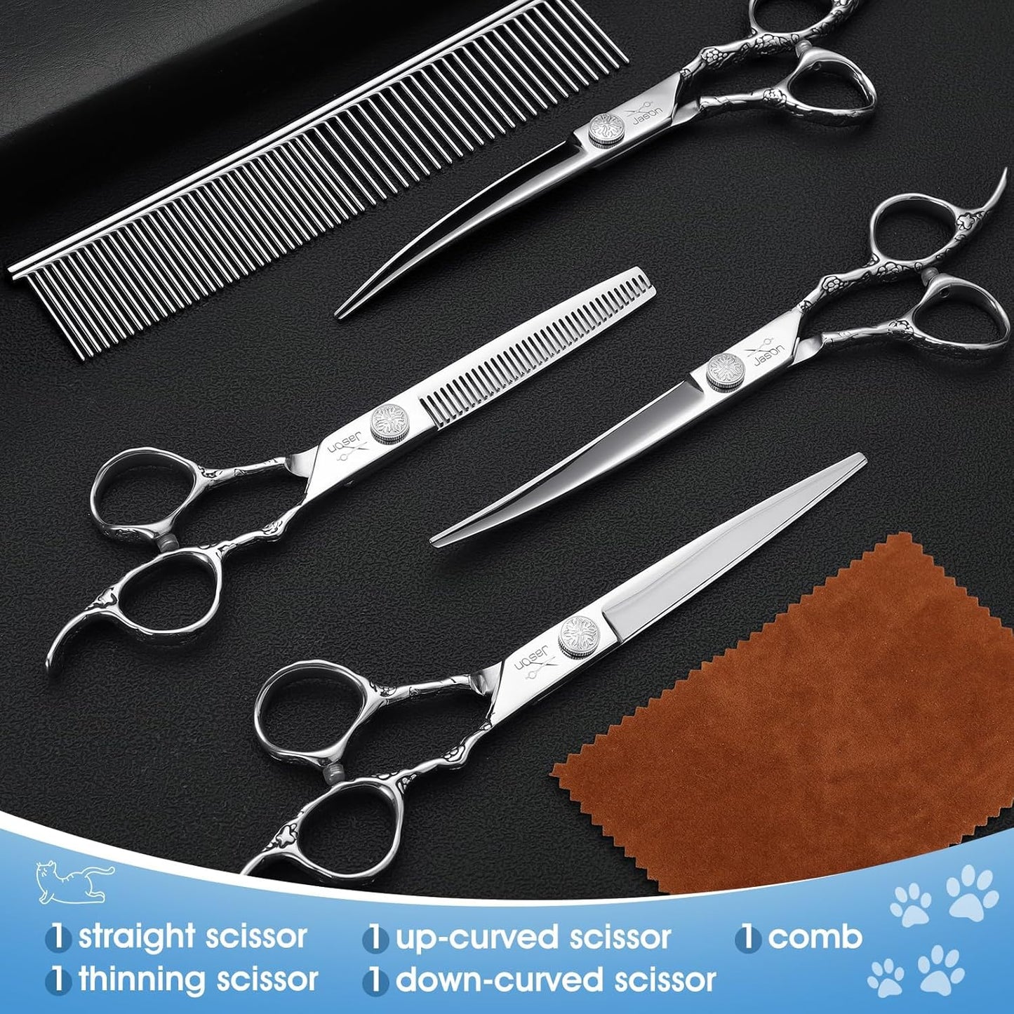JASON Professional 6 in 1 Dog Scissors Set - 6.5" Thinning, 7" Straight, 7" Up-Curved, 7" Down-Curved Shears and Comb for Cat & Pet (Silver)