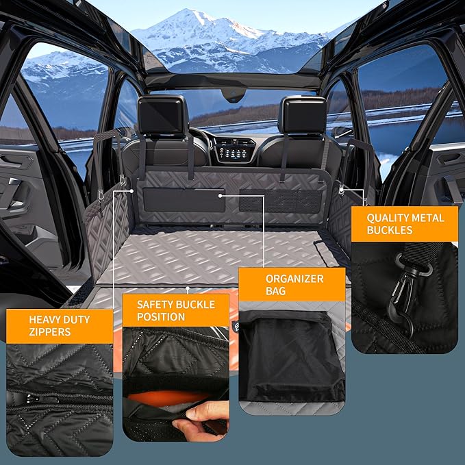 Dog Back Seat Extender & Car Seat Cover - Upgraded PU Leather, Hard Bottom Holds 400lbs, Waterproof Anti-Scratch Dog Hammock for Cars, SUVs, Trucks | Easy to Clean + Pets Safety Belt（GRAY-XL）