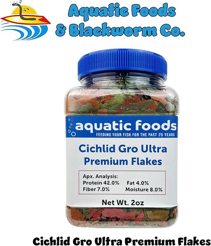 Aquatic Foods Inc. Premium Cichlid GRO Ultra 6-Type Flake Mix with Krill, Shrimp, Plankton, Spirulina for Central & South American Cichlids, Also Pellet & Wafer Mix Included, 2oz