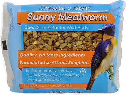 Songbird Treats Seed Bars | 12 Pack of 7 oz Bird Seed Cakes for Wild Birds (Sunny Mealworm)