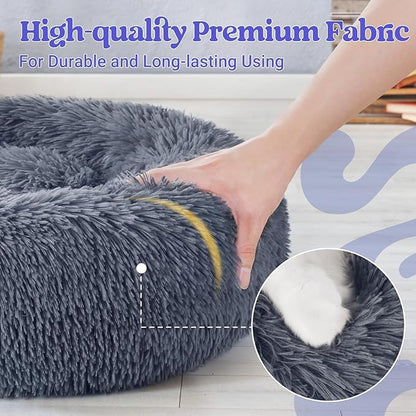 rabbitgoo Dog Bed for Small, 24 inches Machine Washable, Fluffy Donut Pet Bed Anti-Slip, Calming Soft Plush Round Cushion, Fits up to 18 lbs Pets, Dark Grey