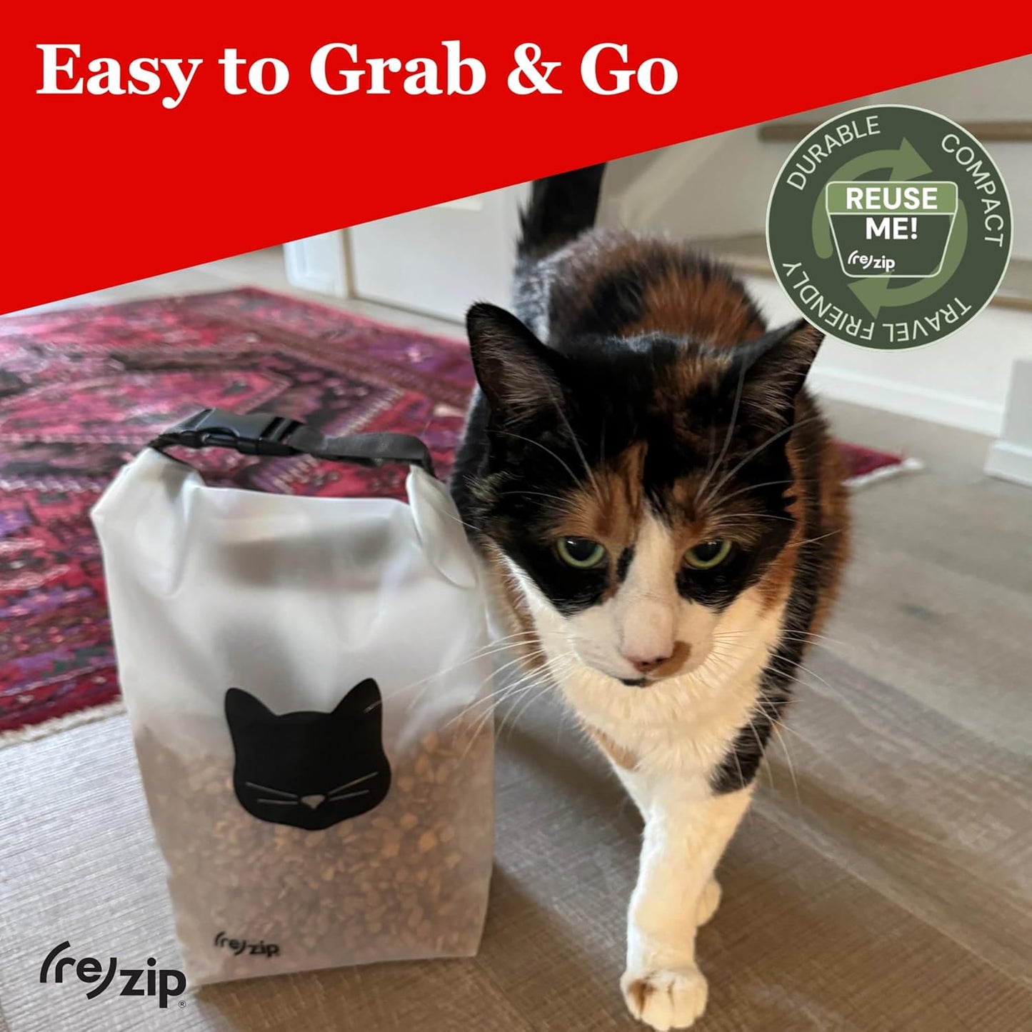 (re)zip Reusable Cat Pet Food Storage Bag | 14-Cup Capacity | Airtight Roll-Top Closure | Durable, BPA-Free PEVA | Translucent & Travel-Friendly | Keeps Kibble Fresh & Organized | Machine Washable