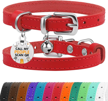 BRONZEDOG Leather Cat Collar with Removable Bells Non Breakaway Kitten QR Tag for Girl Boy (9" - 12" Cats/Mini Dogs, Red & Silver)
