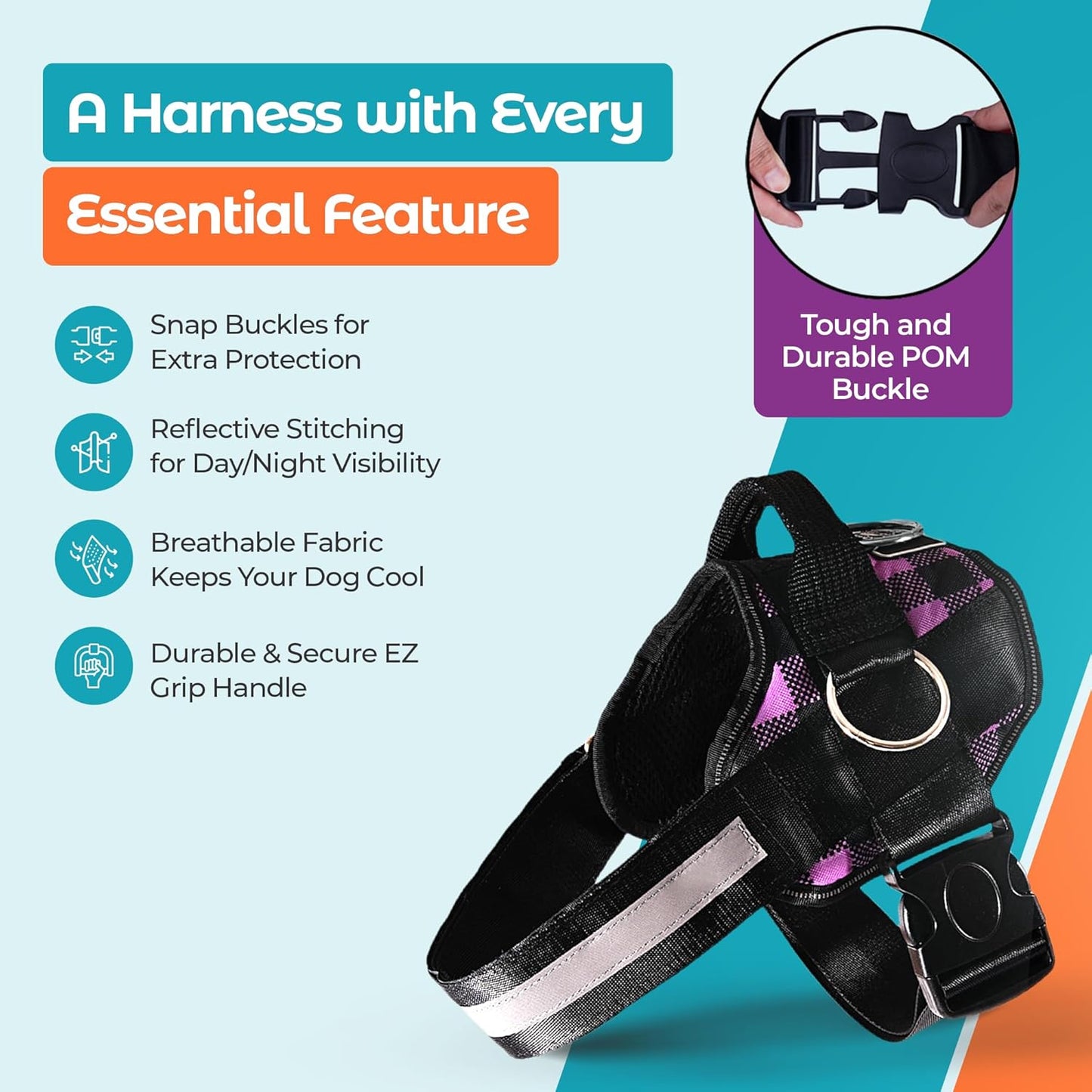 Joyride Basic Essential Dog Harness 1.0 - Small, Medium, Large Dogs, No-Pull Pet Vest with 3 Side Rings for Leash Placement, Adjustable for Training (Purple Plaid, 2XL)