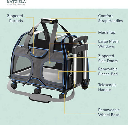 Katziela Pet Carrier - Airline Approved Dog Carrier - TSA Approved Pet Carrier for Small Dogs and Cats - Soft FAA Travel Airplane Dog Carrier Luggage (Black/Blue)