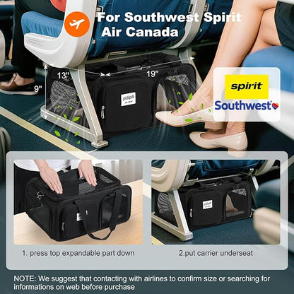19x13x9 TSA Approved top Expandable pet Carrier for Small Dog Puppy cat up to 10 lbs Weight and 18'' Length, for Southwest Spirit Canada Airlines(Black)
