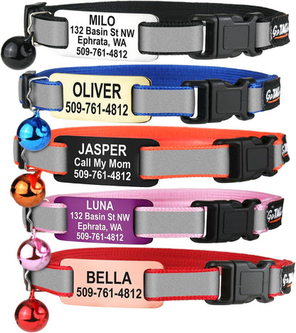 GoTags Reflective Cat Collars with Personalized Tag, Breakaway Collar with Safety Buckle Matching Bell, Engraved Custom with Name and Phone, Adjustable for Cats and Kitten, (Pink with Nameplate)