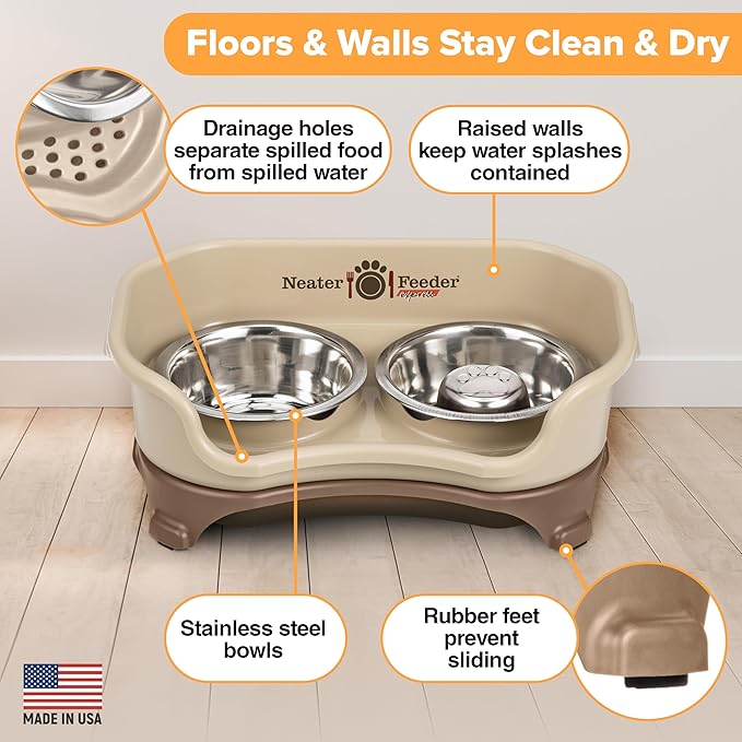 Neater Feeder Express Mess Proof Dog Bowls Elevated for Small Breeds Under 15 Lb, Made in USA, No Spill Raised Dog Food Bowl Stand, Stainless Steel Slow Feed and Standard Water Bowl Set, Cappuccino