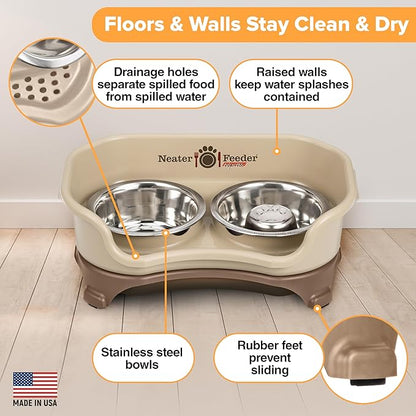 Neater Feeder Express Mess Proof Dog Bowls Elevated for Small Breeds Under 15 Lb, Made in USA, No Spill Raised Dog Food Bowl Stand, Stainless Steel Slow Feed and Standard Water Bowl Set, Cappuccino