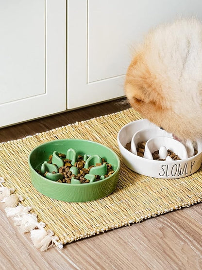 LE TAUCI Ceramic Slow Feeder Dog Bowls Small Breed, 0.6 Cups Dog Food Dish for Fast Eaters, Puzzle Bowl for Small Dogs and Cats,Clover Green