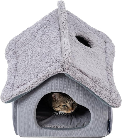 Cat Houses for Indoor Cats - Large Cat Cave Bed with Removable Support Foam and Washable 2-Side Mat - Covered Cat Bed for Cat Hideaway - Enclosed Cat Hideout for Kitten and Small Pet, Grey