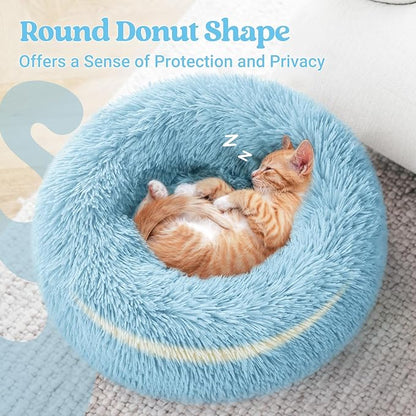rabbitgoo Cat Beds for Indoor Cats, 20 inches Cat Bed Machine Washable, Fluffy Round Pet Bed Non-Slip, Calming Soft Plush Donut Cuddler Cushion Self Warming for Small Dogs Kittens, Light Blue, Medium