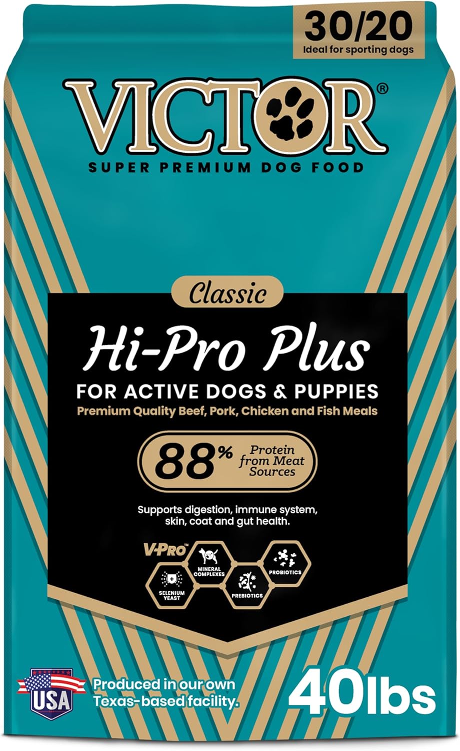 VICTOR Super Premium Dog Food – Hi-Pro Plus Dry Kibble – High Protein Dog Food with 30% Protein – Beef, Chicken, Pork, Fish Meals, Gluten Free - for High Energy and Active Dogs & Puppies, 40lbs