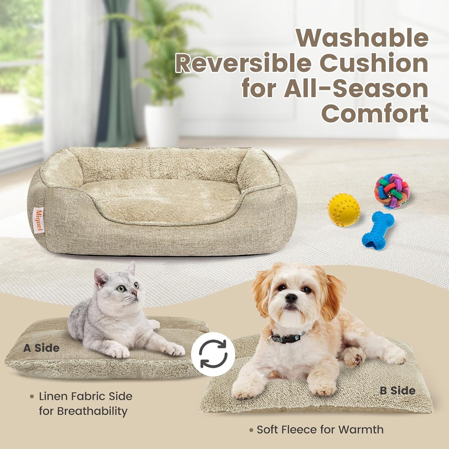Miguel Faux Linen Dog Bed with Removable Cushion Pillow for Medium Small Dogs, Washable Pet Bed with Side Easy to Wash Puppy Bed, Rectangle Cat Bed for Indoor Cat with Anti-Slip Bottom, Beige 25 Inch