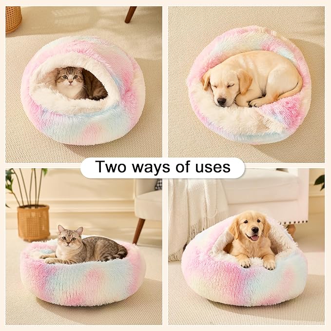 Calming Dog Beds & Cat Cave Bed with Hooded Cover,Removable Washable Round Beds for Small Medium Pets,Anti-Slip Faux Fur Fluffy Coved Bed for Improved Sleep,Fits up to 15/25 lbs(Colorful,S)