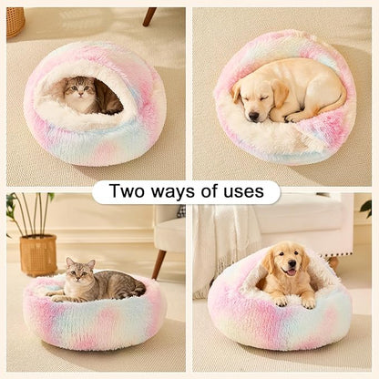 Calming Dog Beds & Cat Cave Bed with Hooded Cover,Removable Washable Round Beds for Small Medium Pets,Anti-Slip Faux Fur Fluffy Coved Bed for Improved Sleep,Fits up to 15/25 lbs(Colorful,M)