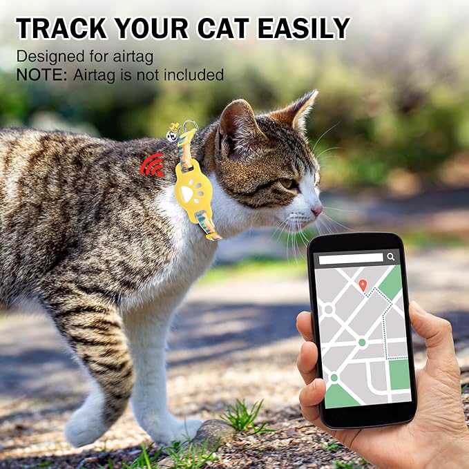 Airtag Cat Collar Breakaway, Cute GPS Cat Tracker Collars with Air Tag Holder, Safety Cat Collars with Bell & Pendant for Girl Boy Cats, Blue