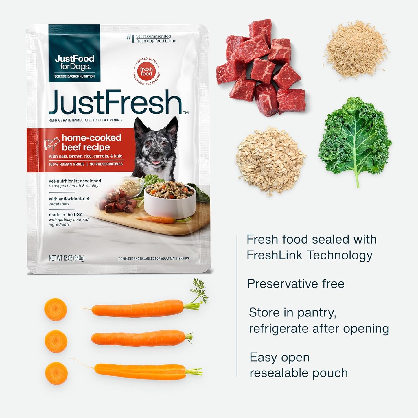 JustFoodForDogs JustFresh Wet Dog Food, Fresh Pet Meals and Toppers with No Preservatives, Resealable Package, Human Grade, Home-Cooked Beef, 12 oz - 7 Pack