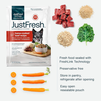 JustFoodForDogs JustFresh Wet Dog Food, Fresh Pet Meals and Toppers with No Preservatives, Resealable Package, Human Grade, Home-Cooked Beef, 12 oz - 7 Pack