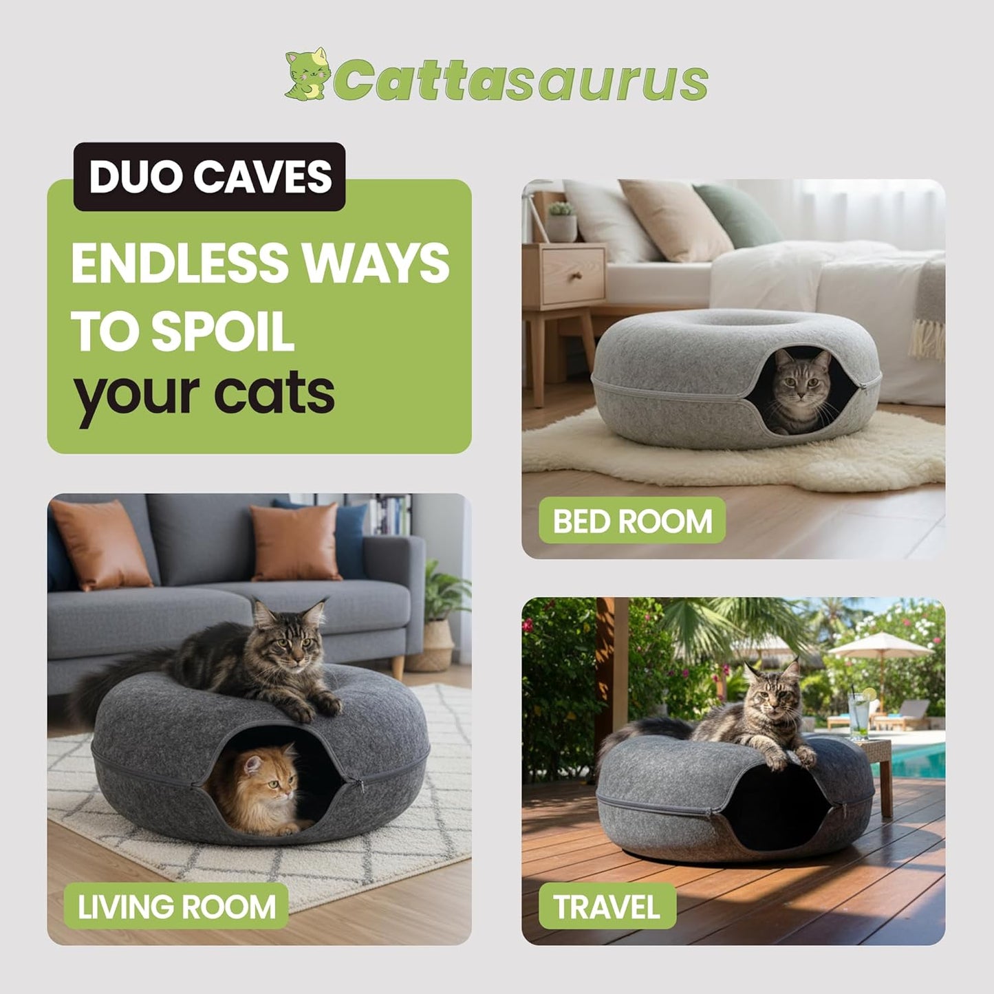 Cattasaurus Peekaboo Cat Cave, Extra Spacious for Multiple & Large Cats 12+ lbs, Scratch Detachable Beds for Indoor Cats, Washable Tunnel Bed, Comfy Cat Donut Tunnel (Light Gray+Dark Gray, Jumbo)