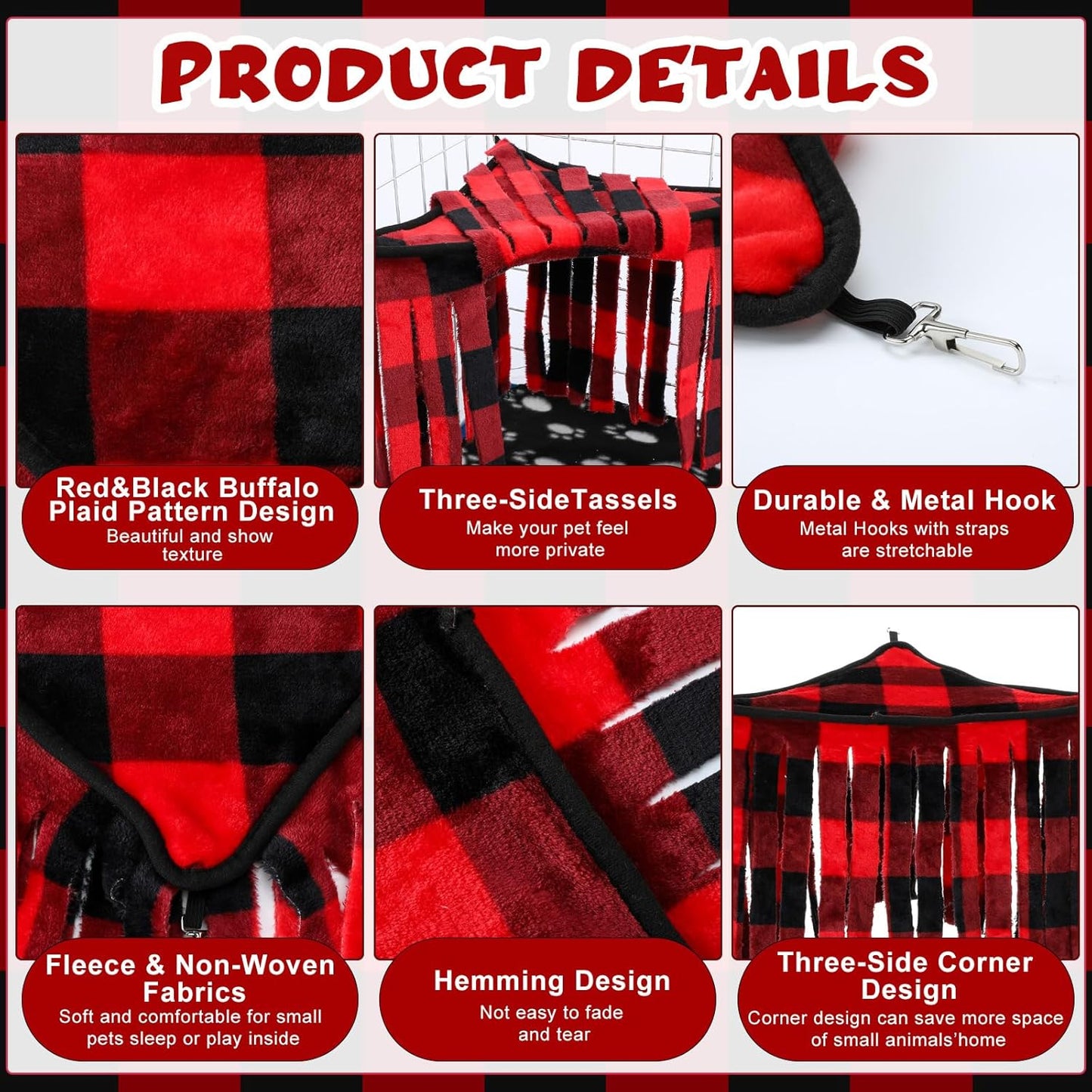 Huwena 4 Pcs Guinea Pig Hideout Christmas Plaid Fleece Hideaway Toys Cage Accessories Small Animals Corner Triangular Hammock Hamster Ferret Playing Sleeping Bed for Hedgehog Bunny Chinchillas