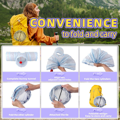 Bunny Tunnels & Tubes Collapsible 3 Way Rabbit Hideout with 13pcs Toys for Bunny Guinea Pig Hamster Chinchilla Hedgehog Rat Ferret Kitten (GY&BU)