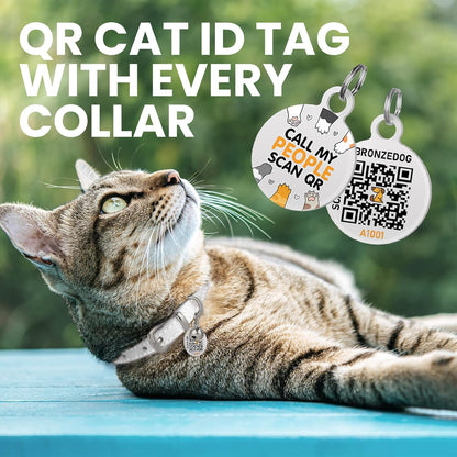 BRONZEDOG Leather Cat Collar with Removable Bells Non Breakaway Kitten QR Tag for Girl Boy (7" - 9" for Cats, White & Silver)