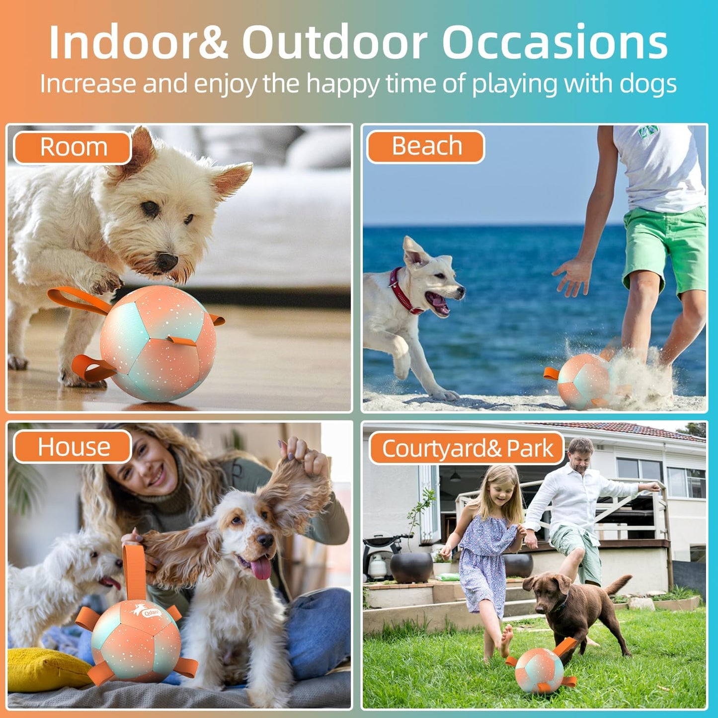 QDAN Small Dog Balls: Dog Soccer Ball with Straps- Premium Dog Toys Balls- Puppy Outdoor Dog Toys Pet Training Ball Birthday Gifts for Small Dogs- Rainbow Orange (5 Inch)
