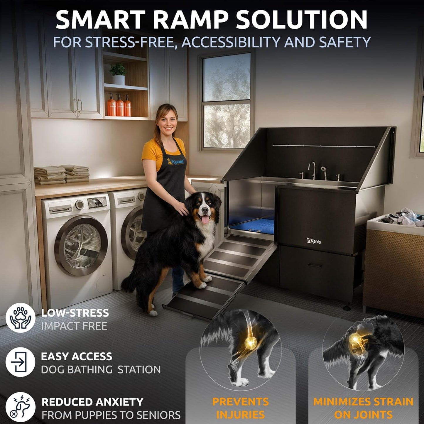 KANIS Black Line Professional Dog Washing Station - 304 Stainless Steel Pet Wash Sink & Grooming Bathtub w/Shower, Floor Grates and Storage for Large, Medium & Small Pets (50", 2 Drawers - Left Ramp)