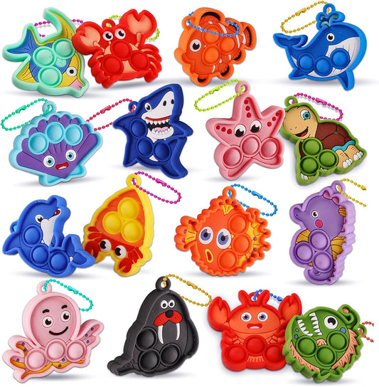 Party Favors for Kids 16PCS Sea Animal Sensory Toys, Mini Pop Fidget Toys Keychain for Kids, Goodie Bag Stuffers, Carnival Birthday Gifts, Classroom Prizes
