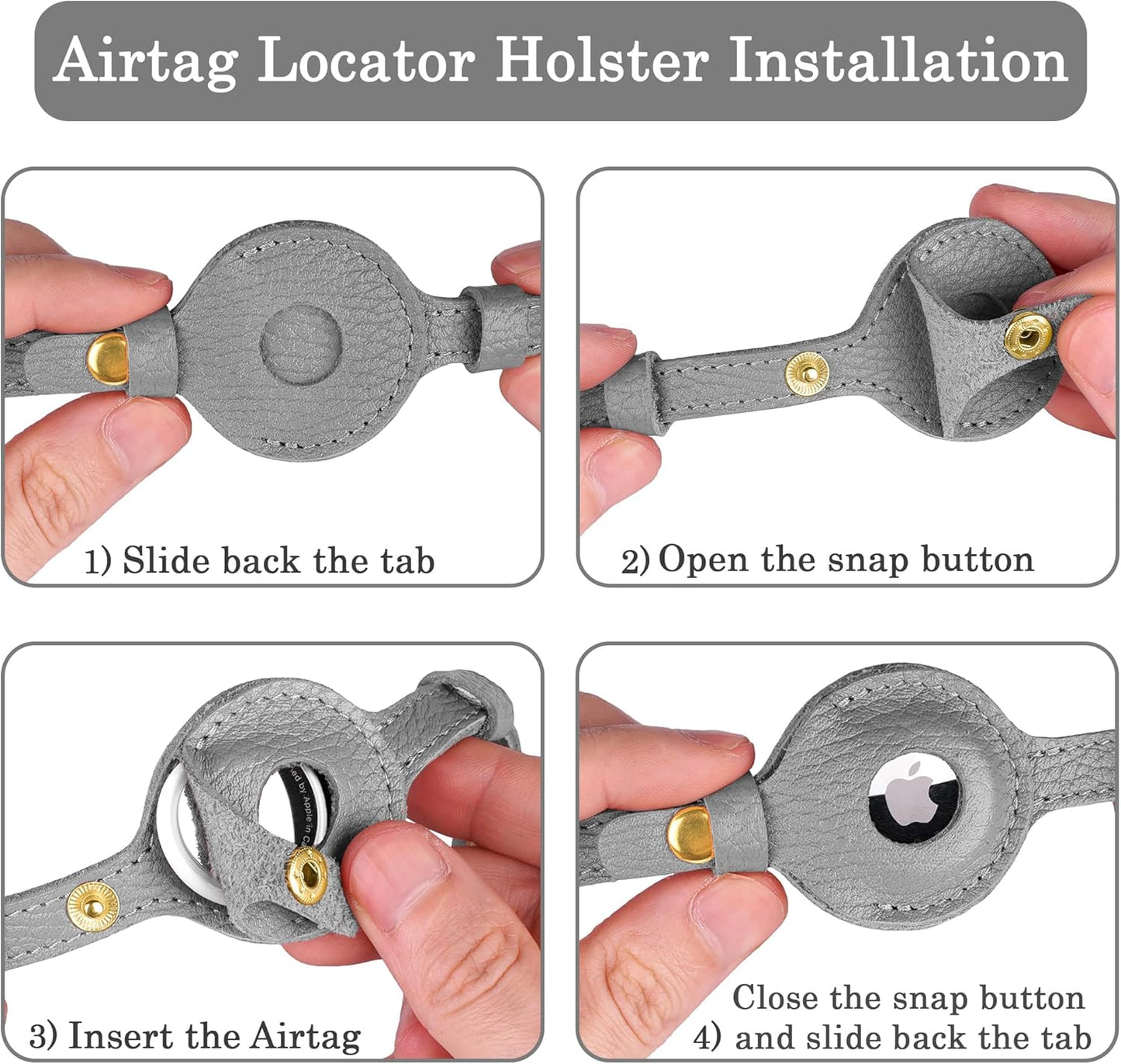 OOPSDOGGY Leather AirTag Cat Collar with Bell - Non Breakaway Kitten Collar with Apple Air Tag Holder - Lightweight GPS Pet Collars for Girl Boy Cats, Small Dogs, Puppies (Gray)