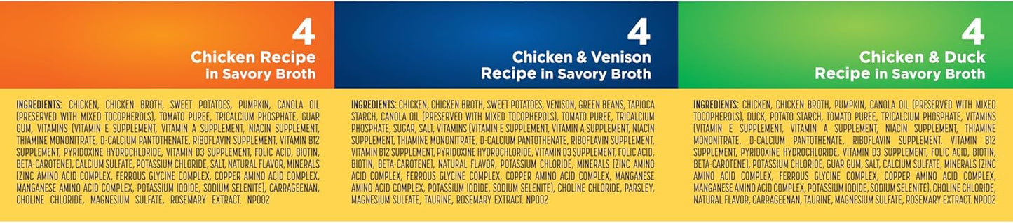 Nature’s Recipe Grain Free Chicken Recipe, Chicken & Venison Recipe and Chicken & Duck Recipe in Savory Broth Variety Pack Wet Dog Food, 12-2.75 oz. Cups, 2 Count