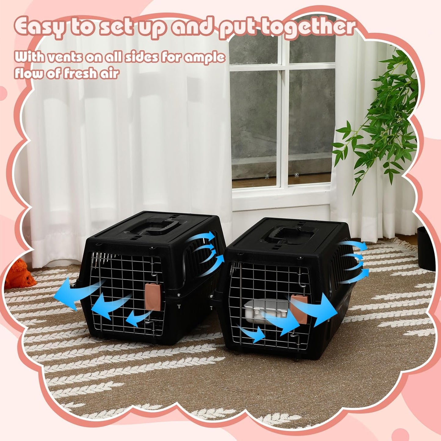 2 Set Pet Carrier for Small Dogs and Cat, Hard Shell Plastic Dog Crate with Bowl and Cooling Pad Fully Breathable Portable Kennel for Small Pet Travel Camp(Black,18.9 x 12.6 x 11.8 Inch)