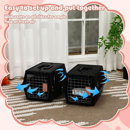 2 Set Pet Carrier for Small Dogs and Cat, Hard Shell Plastic Dog Crate with Bowl and Cooling Pad Fully Breathable Portable Kennel for Small Pet Travel Camp(Black,18.9 x 12.6 x 11.8 Inch)
