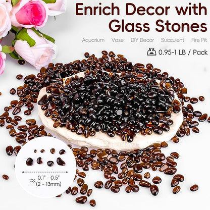 Meschett Colorful Glass Stones, 1 LB Fish Tank Gravel, Small Irregular Rainbow Aquarium Gravel for Aquarium Decorations and Turtle Tank, Sea Glass Beads Crystals for Fish Bowl, Vase Filler,Brown