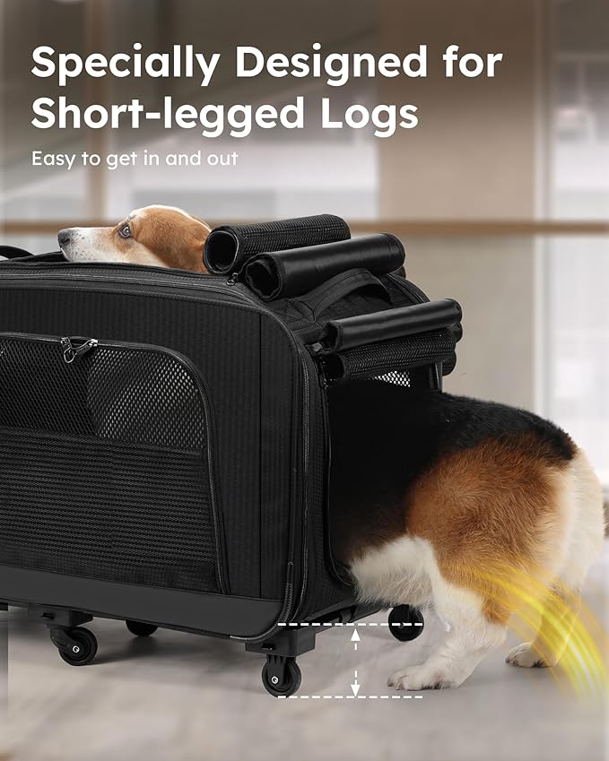 Pecute Cat Carrier with Wheels, Large Space Dog Carrier up to 40lbs,Pet Stroller for Short Legged Dogs,Dog Crate for Medium Small Dogs,Suitable for Dachshund, French Bulldog, Basset Hound, Corgi