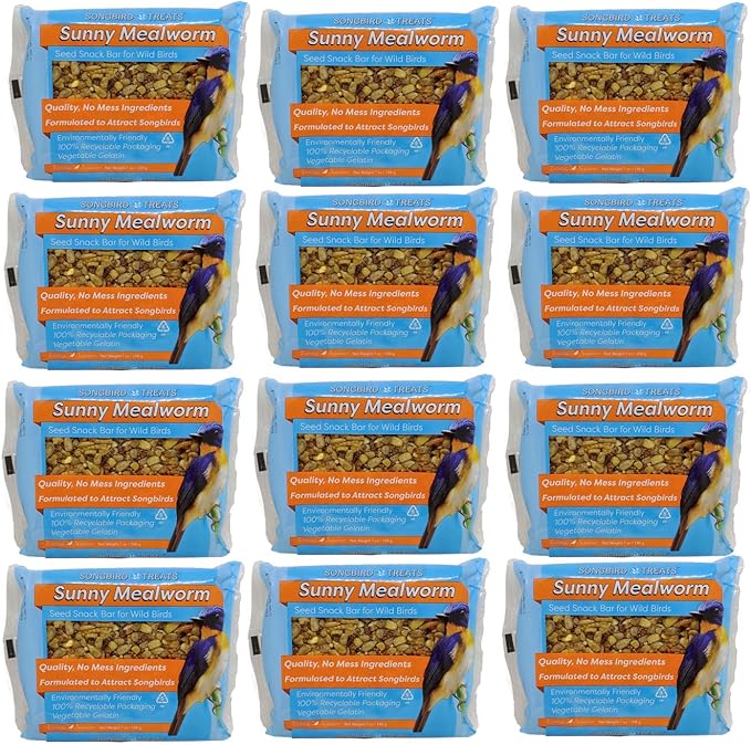 Songbird Treats Seed Bars | 12 Pack of 7 oz Bird Seed Cakes for Wild Birds (Sunny Mealworm)