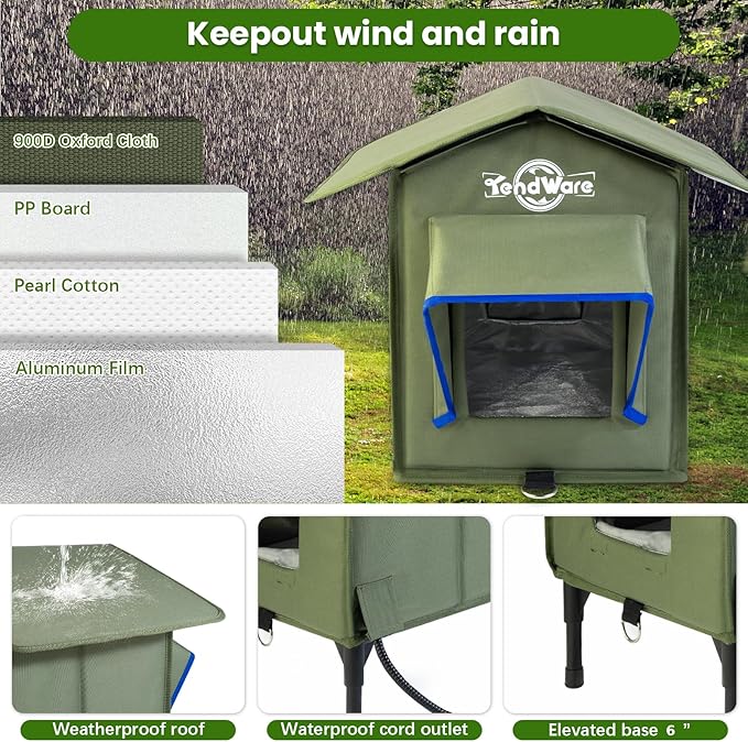 Heated Cat House for Outside Outdoor Cat House with Elevated Base Cat-Attracting Eave Design Feral Stray Shelter Weatherproof in Winter Garage Yard Porch Size S