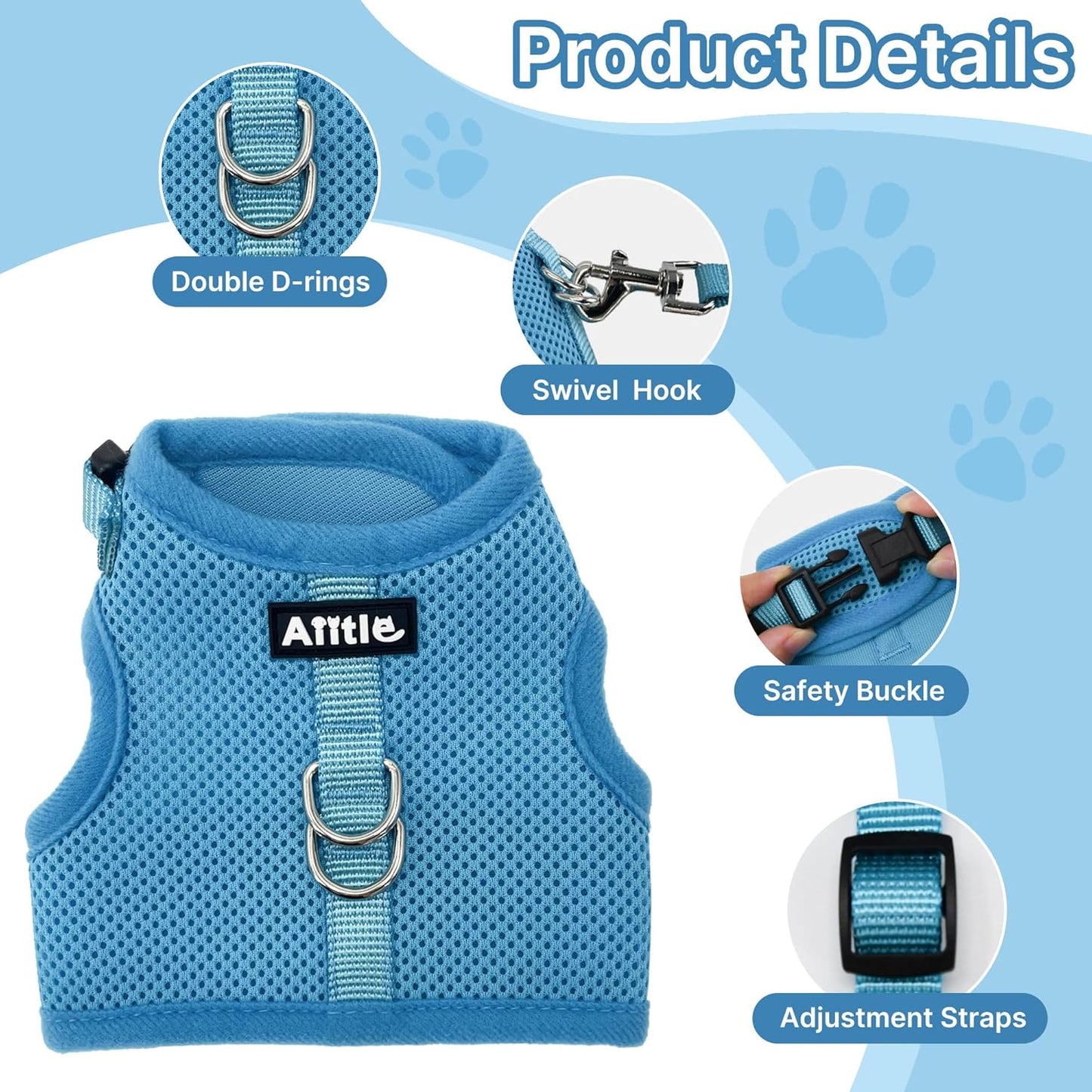 AIITLE Adjustable Rabbit and Leash Set - Lightweight & Portable, Padded Vest with Magic Tape Design, Indoor/Outdoor Use (Training, Hiking) - Fits Hamsters, Rats, Iguanas, Puppies, Cats, Blue M