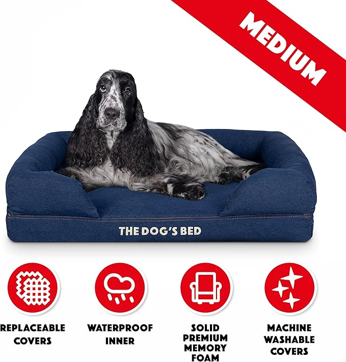 The Dog’s Bed, Med Blue Denim, Memory Foam, Pain Relief: Arthritis, Hip & Elbow Dysplasia, Post Surgery, Lameness, Supportive, Calming, Waterproof Washable Cover