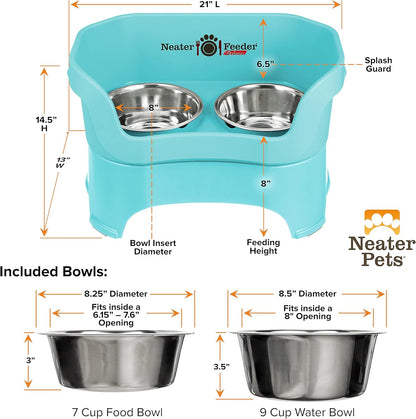 Neater Pet Brands Neater Feeder Deluxe Mess Proof Dog Bowls Elevated for Large Dogs Over 40 lbs, Made in USA, No Spill Raised Dog Food Bowl Stand Feeding Station, Food and Water Bowl Set, Aquamarine