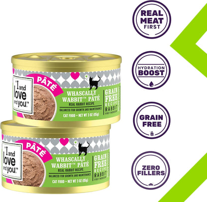 I and love and you Wet Cat Food - Whascally Wabbit Pâté - Rabbit Recipe, Grain Free, Filler Free, 3oz Pack of 24 Cans