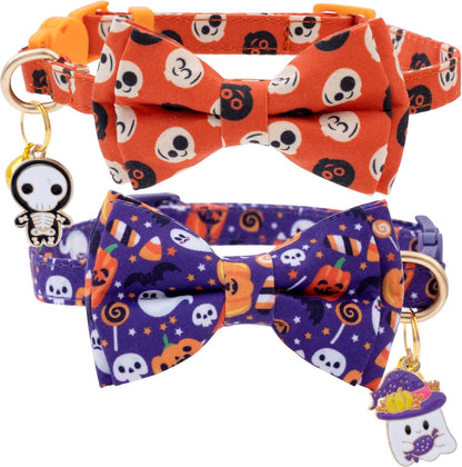 Faygarsle 2 Pack Cute Seasonal Cat Collar for Halloween and Fall Breakaway Collar with Bells Bowtie Cute Patterns for Female and Male Cats Orange Purple Cat Collar