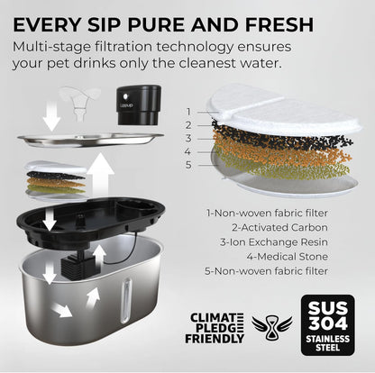 Wireless Cat Water Fountain Stainless Steel 108oz/3.2L, Cordless, Battery Operated Cat Fountain (Last up to 50 Days), Ultra Quiet, 2 Flow Modes, Multi-Filtration, BPA Free, Includes 2 Filters - Black