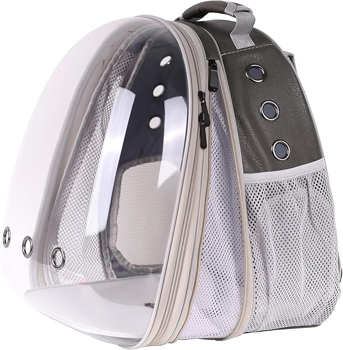 Front Extension Cat Backpack Carrier Cage for Large Cat, Up to 20 Pounds, Synthetic Leather Space Capsule Clear Bubble Window, Pet Carry Transport Book Bag